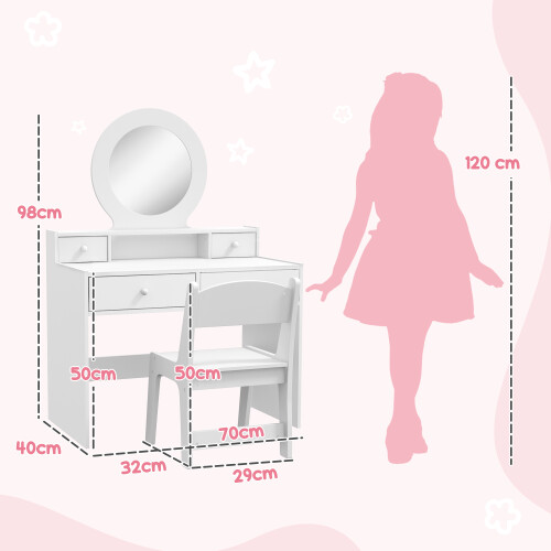 AIYAPLAY Kids Dressing Table Set w/ Stool, Mirror, Drawers - White 2