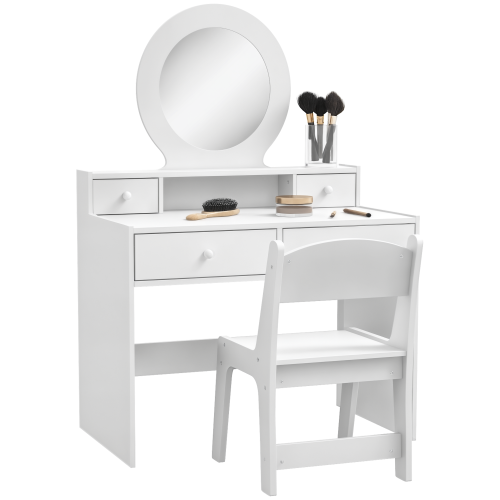 AIYAPLAY Kids Dressing Table Set w/ Stool, Mirror, Drawers - White 1