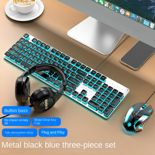 ([Mute 3-Piece Set] Silver Black-Blue Light Mute Mouse) Mute Wired Keyboard