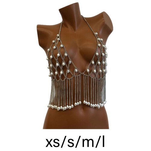 Versatile Pearls Drop Body Chain Necklace Backless Strap-XS 1