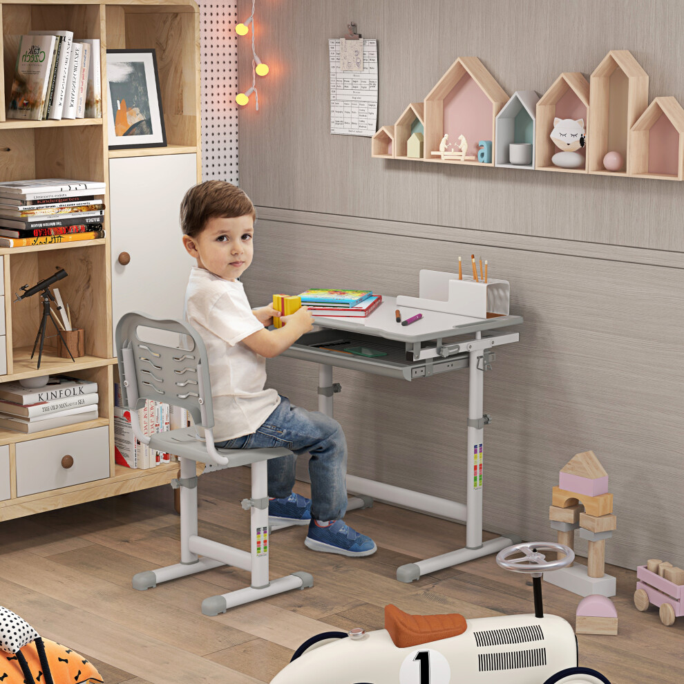 HOMCOM Kids Desk and Chair Set - Adjustable Height Table with Drawer and Pen Slot - Grey - 6-12 Years - Image 5