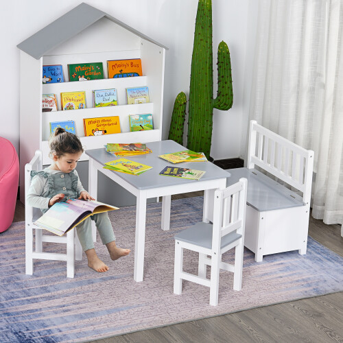 Homcom HOMCOM 4-Piece Set Kids Wood Table Chair Bench w/ Storage Function for 3 Years+