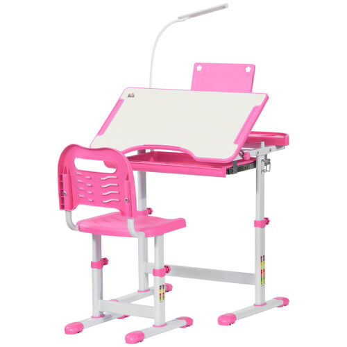 HOMCOM Kids Study Desk and Chair Set w/ USB Lamp, Adjustable Height ...