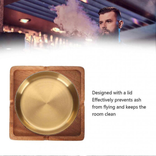 Walnut Wood Cigar Ashtray with Lid - Windproof Gold Desktop Cigarette Tray 2