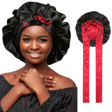 (Black) Silk Bonnet For Sleeping For Women,double Layer Large Satin Hair Wrap With Tie Band Night Cap