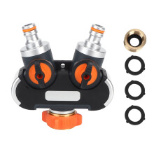 Tuinslangsplitter, robuuste wateradapter voor efficiënte irrigatie- en bewateringssystemen, dubbele slangconnector met regelbare doorstroomregeling.