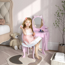 ZONEKIZ Kids Dressing Table, Cat Design w/ Mirror, Stool, Drawer, Storage Box