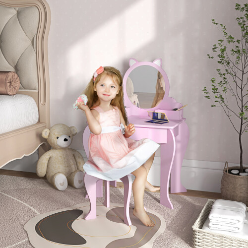 ZONEKIZ ZONEKIZ Kids Dressing Table, Cat Design w/ Mirror, Stool, Drawer, Storage Box
