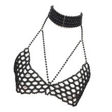 Soutien-gorge en chaîne avec perles faites à la main,-Noir