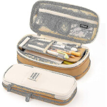 (Khaki) Large Capacity Pencil Case Large Capacity Storage Bag Storage Box Tw
