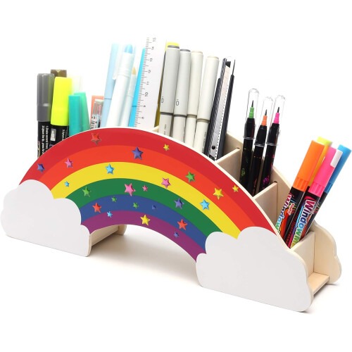 Rainbow Supply Caddy για το γραφείο στο σπίτι, ξύλινη θήκη για στυλό με αυτοκόλλητα αστέρια