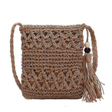 (Khaki) Women Beach Woven Straw Shoulder Messenger Bag With Tassel Boho Hollow Out Crochet Crossbody Handbag Macrame Purse Tw