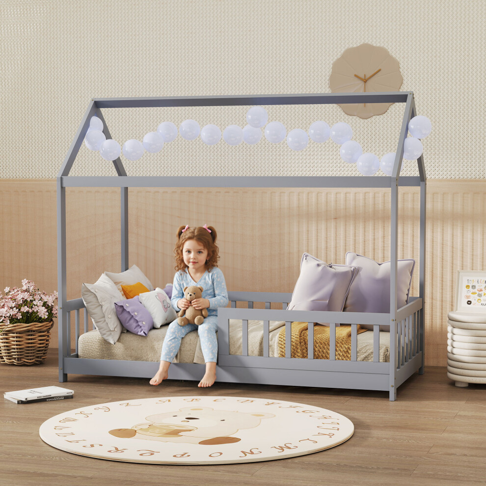 Homcom House-Shaped Kids Bed Frame With Guard Rails For Boys Girls, Grey