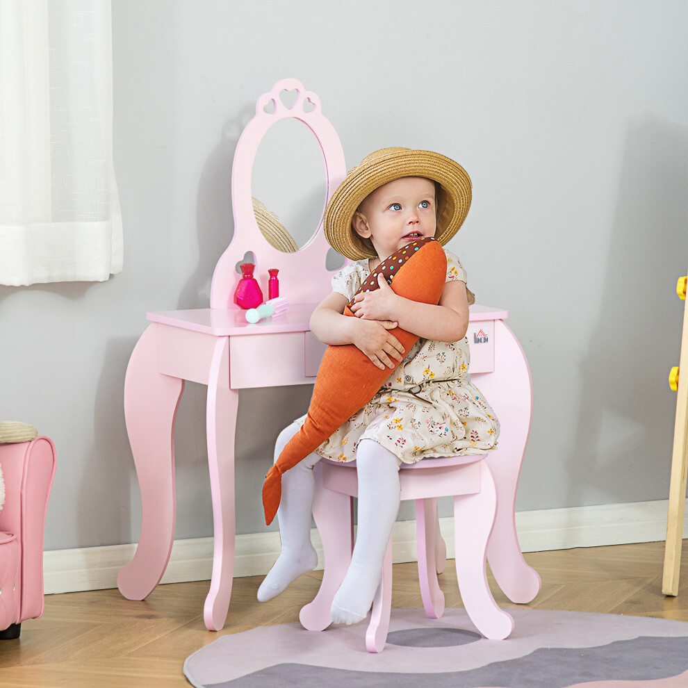 Homcom Kids Vanity Table & Stool Girls Dressing Set Make Up Desk With Mirror Pink