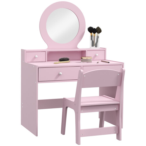 AIYAPLAY Kids Dressing Table Set w/ Stool, Mirror, Drawers - Pink 1