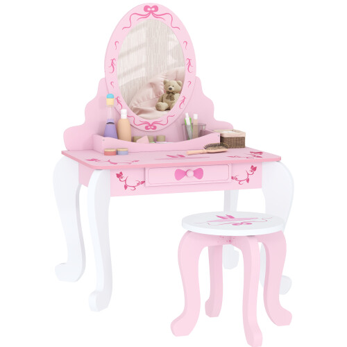 AIYAPLAY Kids Dressing Table Set, Two-Piece Children Vanity Table with Stool 1