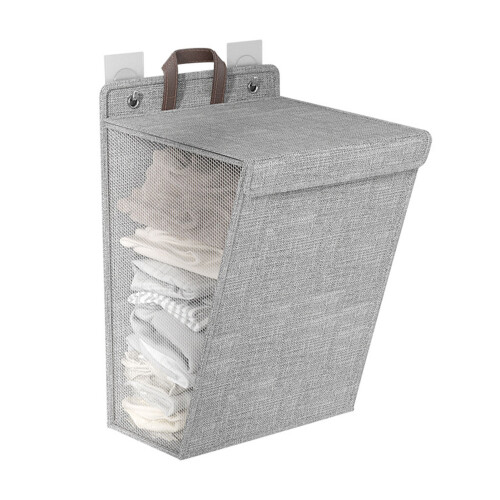 Large Grey Collapsible Wall Hanging Laundry Basket, Linen, Space Saver 2