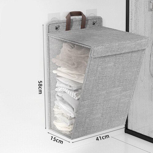 Large Grey Collapsible Wall Hanging Laundry Basket, Linen, Space Saver 1