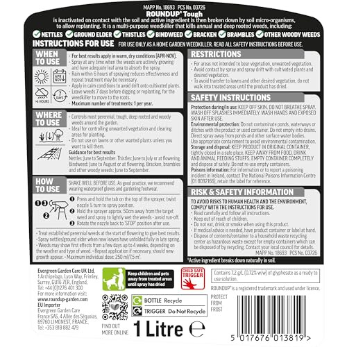 Roundup Roundup Tough Weedkiller, Ready to Use, Spray, 1 Litre 1