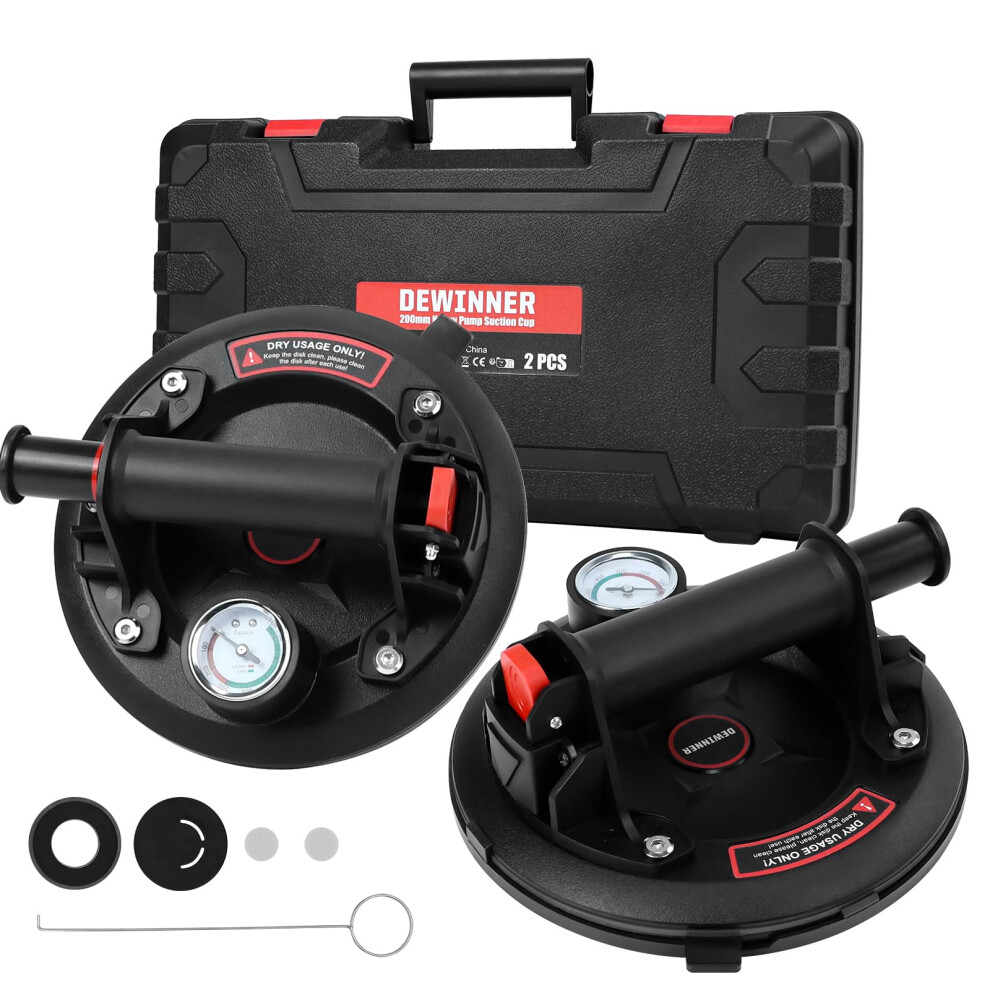 Dewinner 2 Pcs 8'' Vacuum Suction Cup With Pressure Gauge, Heavy Duty Vacuum Suction Cup With Handle Lifter, Glass Suction Lifter For Granite, Tile,