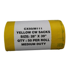 Hanfare CX50/M111 Waste Sack Roll, Medium Duty, 90 L/5 kg, Yellow (Pack of 50)