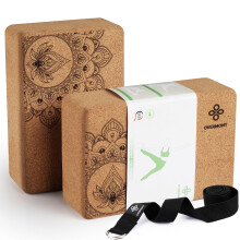 Overmont Cork Yoga Blocks 2 pack with 8ft Strap Set Natural Cork Yoga Bricks- High Density & Eco Friendly Yoga Accessories for Women - Ideal for Pila