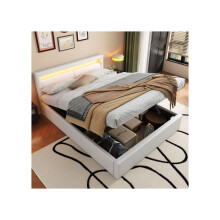 Verlicht bed, 140*190 cm, met lattenbodem en opbergruimte, met verlichte hoofdbord in verschillende kleuren, wit