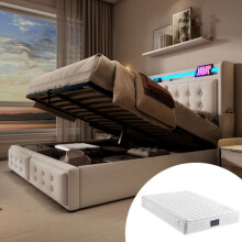 Tweepersoonsbed 140x200 - Beige - LED hoofdeinde - USB C oplader - Inclusief matras