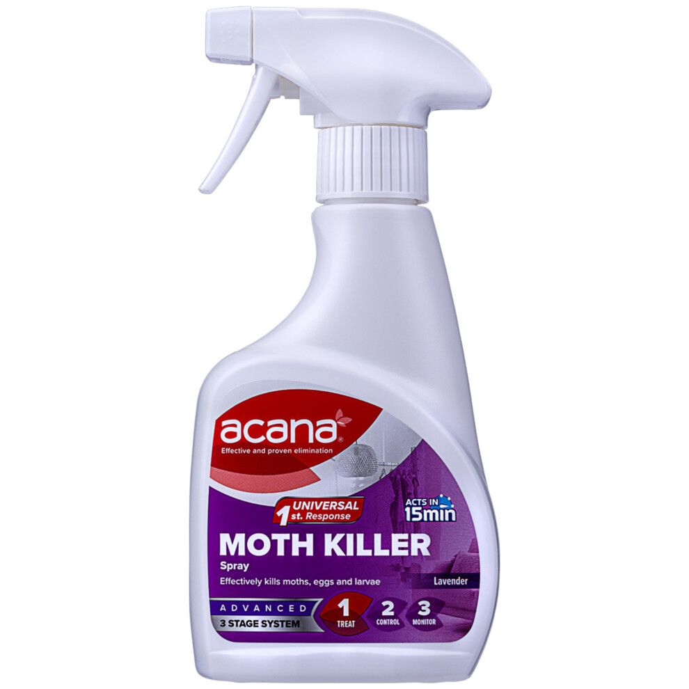 Acana Moth Killer & Freshener, 275Ml - Spray Formula, Kills Moths, Eggs & Larvae - Licensed Insecticide - Non-Staining - For Carpets, Curta Lavender