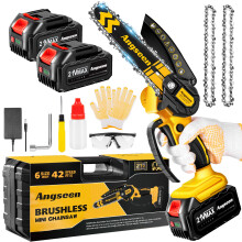 Brushless Mini Chainsaw Cordless 6 Inch, Electric Saw Battery Chainsaw Chain Saws with 2 2.0Ah Battery and 2 Super Chains (Yellow,4000+4000mAh)
