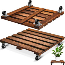 CHAMSUREUK 2 Pack 30CM-12 Inch Plant Caddy Wood Plant Stands with Wheels Plant Pot Trolley with Metal Lockable Caster Wheels Heavy Duty Rolling Plant