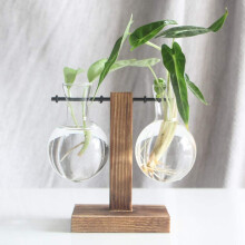 Glass Planter Bulb Vase, Desktop Air Plant Terrarium Kit with Retro Solid Wooden Stand, Plant Propagation Stations Terrarium for Indoor Water Plants