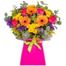 Bright and Colourful Fresh Flower Bouquet Delivered in Presentation Vase | Pink Roses, Germinis, Chrysanthemums & Seasonal Greenery | Pink Card Vase