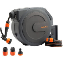 Giraffe Tools - Extensible wall mounted hose reel, 30 + 2 m, 180 degree swivel bracket with 7 in 1 nozzle, grey-black