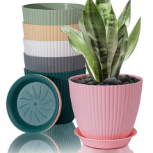 FORAGIFT 19cm Plant Pots Indoor, 6 Pack Stripe Grooves Plastic Flower Pots with Drainage Holes and Tray, Modern Decorative Planter Pot for All House