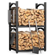 HFHOME Log Store Indoors 2-IN-1 Firewood Log Rack, 2 Tier Wood Storage for Fireplace with Log Burner Accessories, Outdoor Metal Firewood Log Holder 7