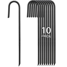 Rebar Stakes 40cm Heavy Duty, 10 Pack J-Shaped Tent Stakes, Ground Anchor Stakes for Landscaping Plants Fabric Tube Fence, Black