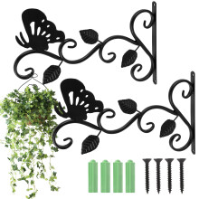 Lanjue 2 Pcs Hanging Basket Hooks, Black Solid Steel Hanging Basket Bracket with Screws Outdoor Plant Hanging Bracket Heavy Duty Wall Mounted Hook fo