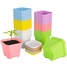 KAHEIGN 24Pcs Square Plant Pots, 7cm Thicken Plastic Flower Pots Succulent Planter Nursery Pots with Pallet/Trays for Small Potted Plants (6 Colors)