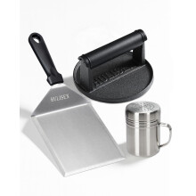 HULISEN Cast Iron Burger Press Set with Spatula and Dredge Shaker, 3 Piece Smashed Burger Kit for Bacon, Steak, Cheese, Panini, Flat Top Griddle, Ind