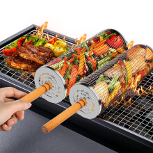 2 pcs Rolling Grill Basket with Removable Wooden Handles, 304 Stainless Steel Rolling Barbecue Utensils Tool Sets BBQ Accessories Tools for Vegetable