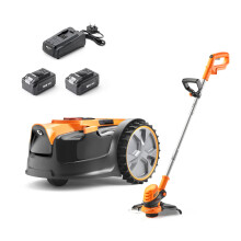 LawnMaster OcuMow 16 Drop and Mow Robot Lawnmower & Cordless Grass Trimmer with 2x MX 24V lithium batteries and fast charger. No Boundary Wire, App