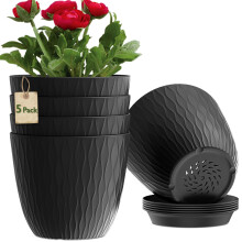 MUAEEOK 18CM 5 Pack Plant Pots Indoor Stripe Grooves Plastic Flower Pots with Drainage Holes and Tray, Modern Decorative Planter Pot for All House Pl