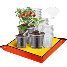Mactoou 30Pcs Plastic Plant Pots with Repotting Mat, 8.9cm 10.2cm 12.7cm Orchid Pot with Holes, Clear Nursery Pots with 20pcs Plant Labels, 66cm x 66