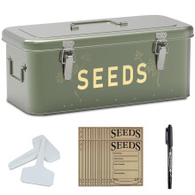 Orionstar Seed Storage Organizer, Metal Seed Saving Box with Lid, Seed Bin with 30 Plant Labels 30 Seed Envelopes 1 Marker Pens, 4 Compartments Box w