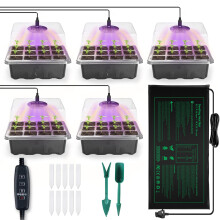 NAMOTEK 5 Pack Seed Starter Tray with Heat Mat and Grow Light Humidity Domes, 60 Cell Trays Germination Station Cloning Kit heated propagator for see
