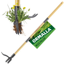 Ormalla Weed Puller, 1.1m Long Handle Weed Remover Tool, Dandelion Removal Tool, Natural Bamboo Handle and 4 Claws, Stand Up Garden Weed Root Remover