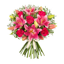 Hand-Tied Fresh Flower Bouquet: Pink Roses and Lilies delivered for Birthdays & All Occasions!