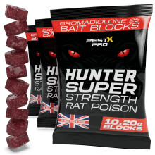 Pest X Pro Hunter – Rat Poisoning Super Strength, 3 200 g Sachets, Professional Rat & Mouse Killer Bait, Indoor & Outdoor Rodent Control with Broma