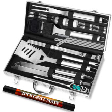 ROMANTICIST 29pcs BBQ Grill Tool Set for Men Dad, Heavy Duty Stainless Steel Grill Utensils Set, Non-Slip Grilling Accessories Kit with Thermometer,